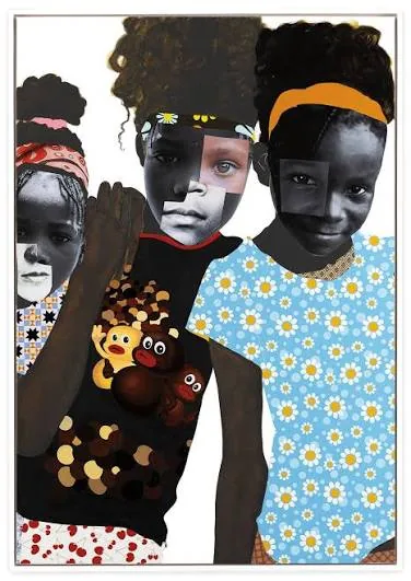 A collage painting of three girls in colorful clothes